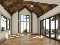 Interior rendering of a vaulted great room designed by Ballard+Mensua Architecture, featuring exposed timber trusses, tongue-and-groove wood ceiling, and full-height windows framing outdoor views. Black-framed sliding glass doors open to a covered patio with stone columns, blending rustic craftsmanship with contemporary indoor-outdoor living.