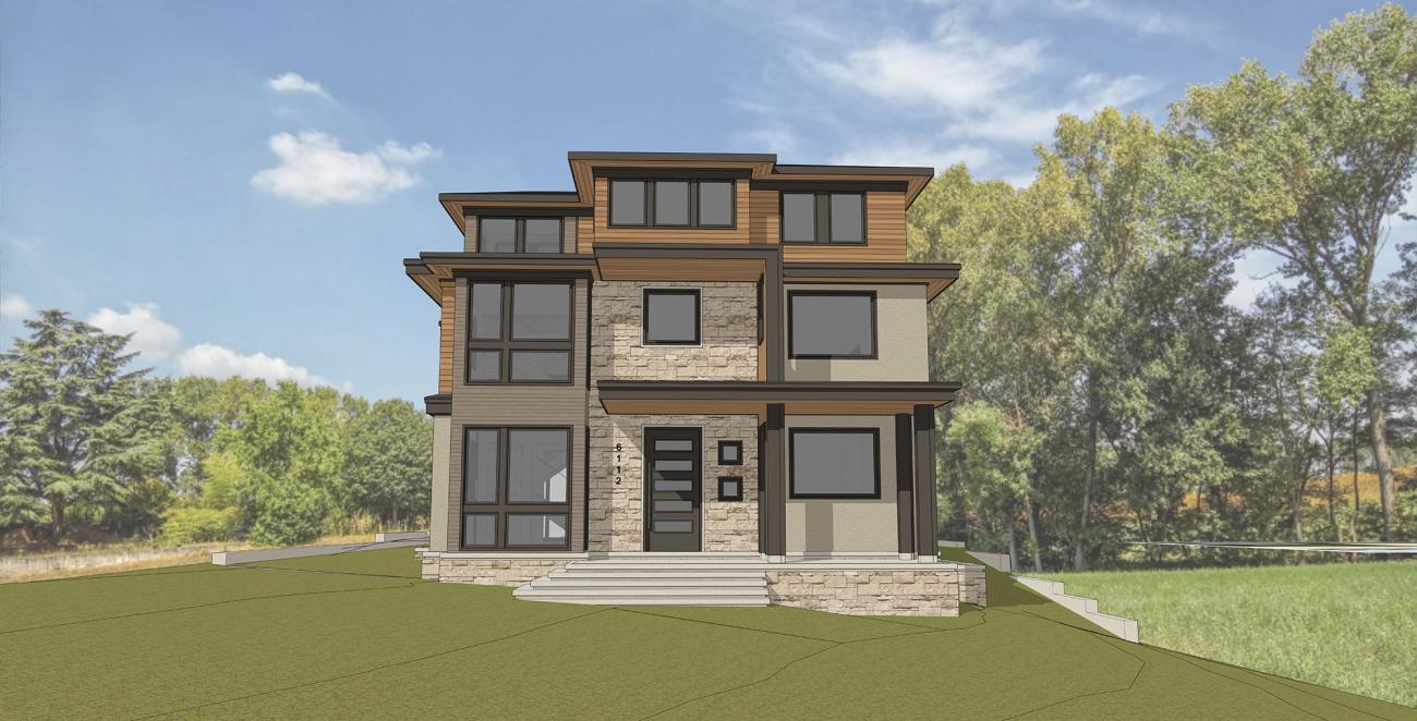 Front elevation rendering of a contemporary custom home by Ballard+Mensua Architecture, featuring clean lines, expansive windows, layered rooflines, and a mix of stone, wood, and stucco finishes. Set on a sloped site with natural surroundings, the design emphasizes modern form, natural light, and material contrast.