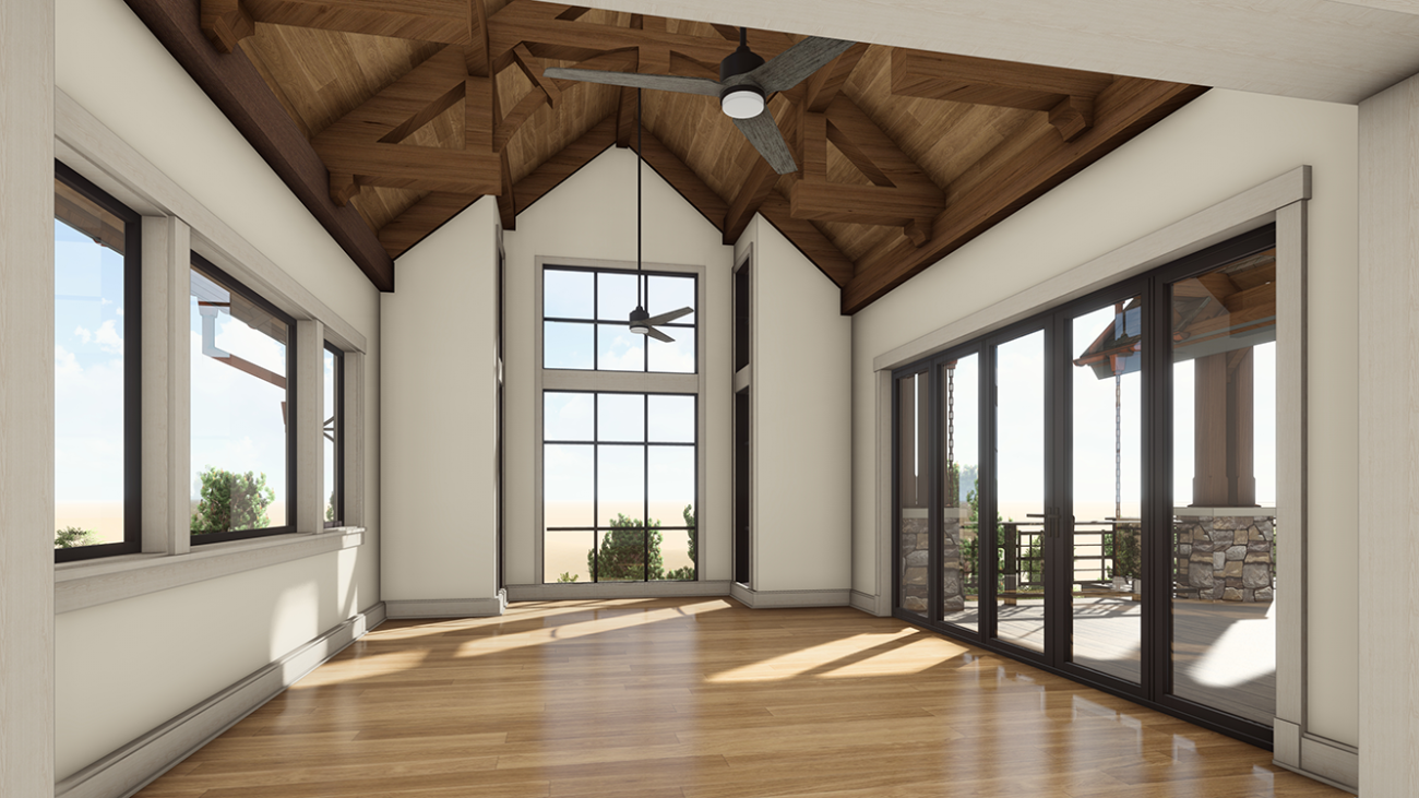 Interior rendering of a vaulted great room designed by Ballard+Mensua Architecture, featuring exposed timber trusses, tongue-and-groove wood ceiling, and full-height windows framing outdoor views. Black-framed sliding glass doors open to a covered patio with stone columns, blending rustic craftsmanship with contemporary indoor-outdoor living.