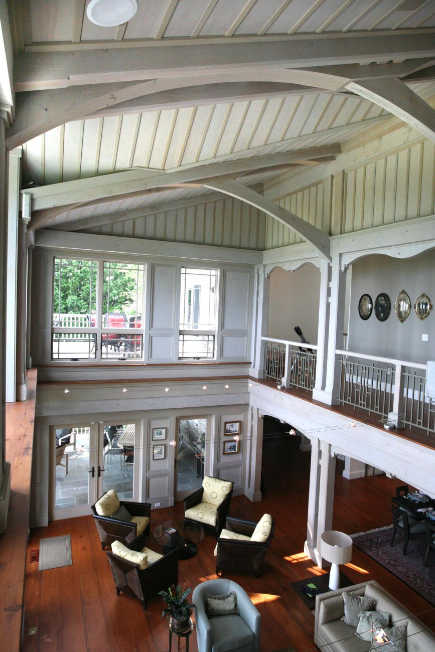 Carr project - nautical New England waterfront home - living room ceiling overhang